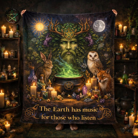 Pagan nature-themed fleece blanket with Green Man, spirit animals, cauldron, and "The Earth has music" quote.