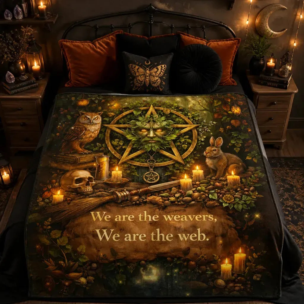 Pagan Nature-Themed Blanket with Owl, Rabbit, and Green Man_mockup_2.webp