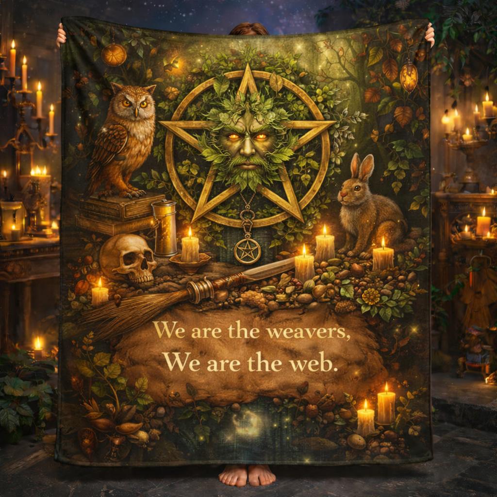 Pagan Nature-Themed Blanket with Owl, Rabbit, and Green Man-MoonChildWorld