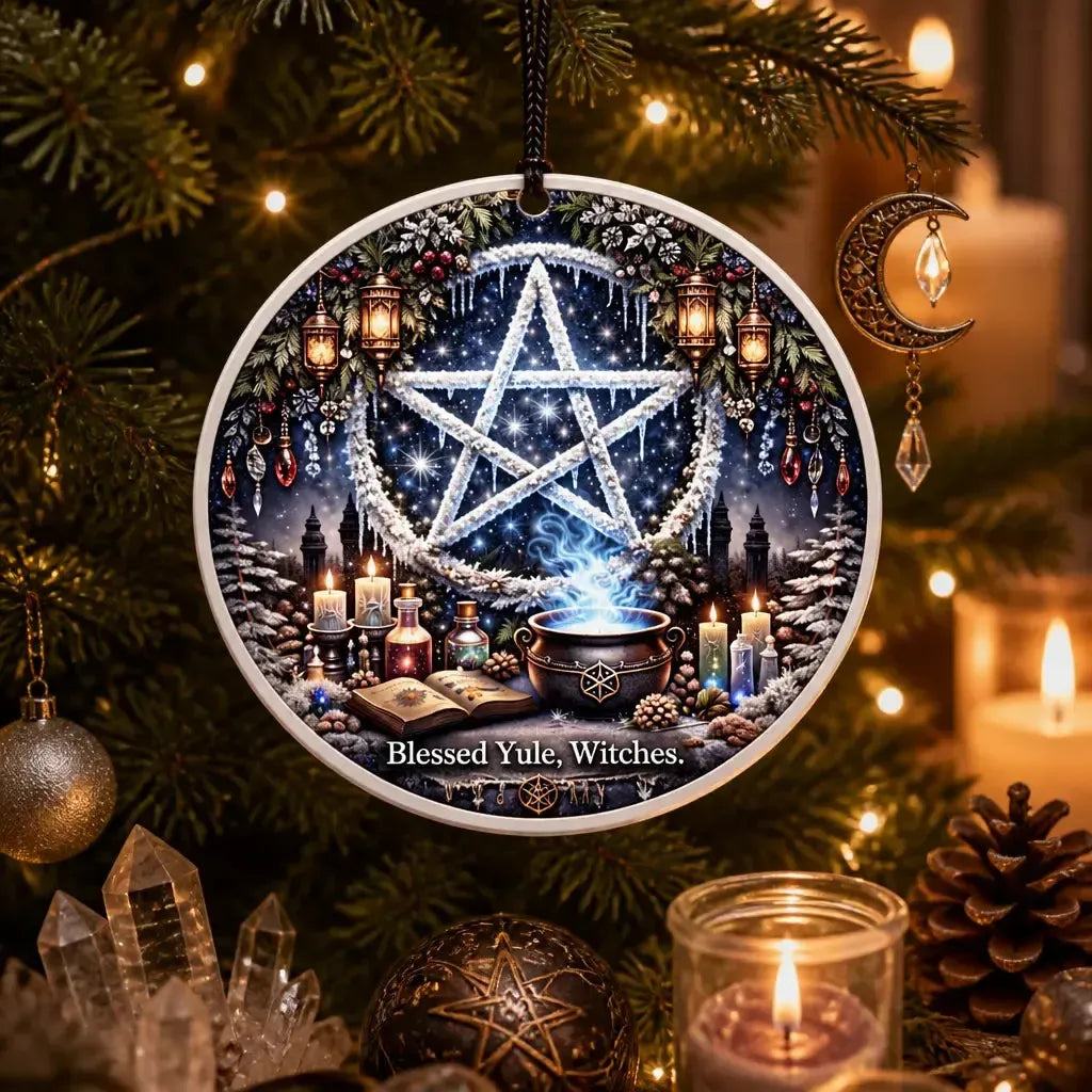 Pagan Pentacle Christmas Ceramic Ornament – Witch Holiday Ornament Wiccan Yule Decor_mockup_1.webp