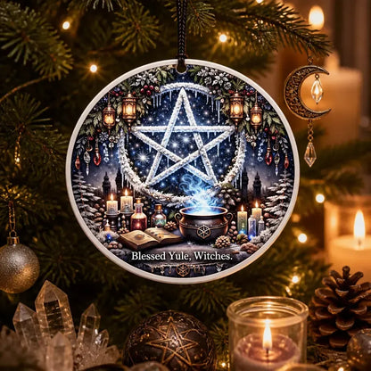 Pagan Pentacle Christmas Ceramic Ornament – Witch Holiday Ornament Wiccan Yule Decor_mockup_1.webp