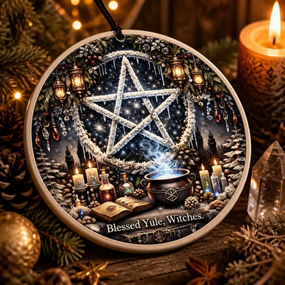 Pagan Pentacle Christmas Ceramic Ornament – Witch Holiday Ornament Wiccan Yule Decor_mockup_2.webp