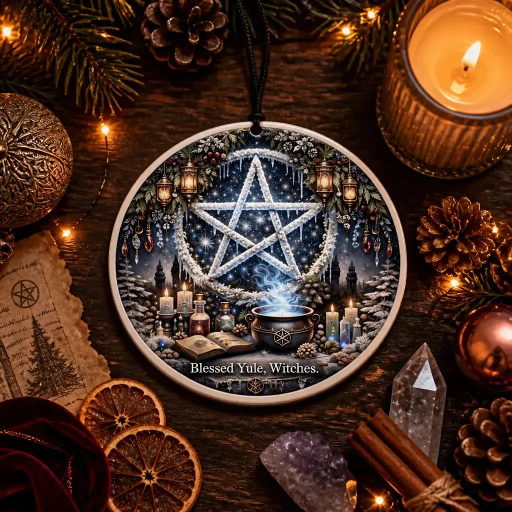 Pagan Pentacle Christmas Ceramic Ornament – Witch Holiday Ornament Wiccan Yule Decor_mockup_3.webp