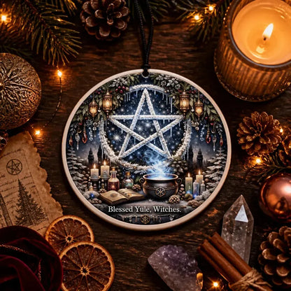 Pagan Pentacle Christmas Ceramic Ornament – Witch Holiday Ornament Wiccan Yule Decor_mockup_3.webp