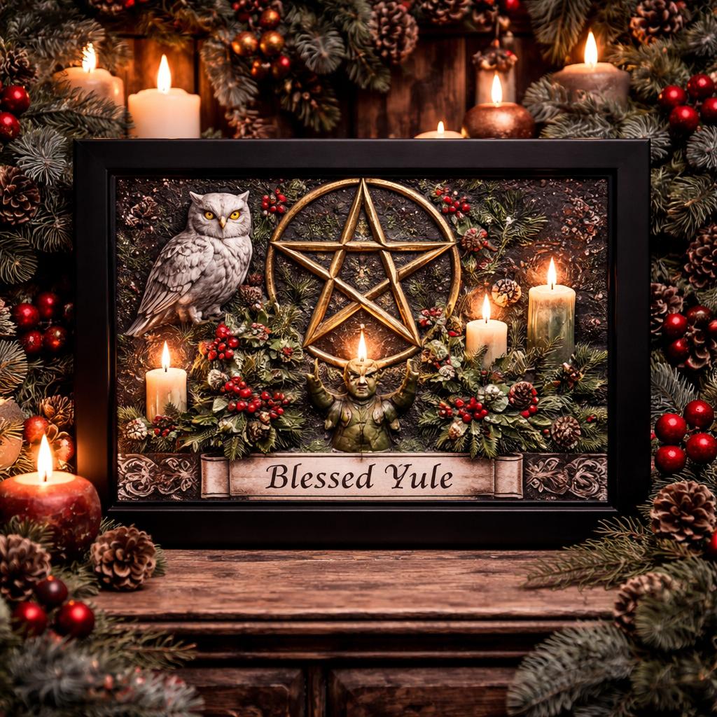 Pagan Pentacle & Owl Canvas Wall Art for Yule - Black Framed Art Print Wiccan Wall Decor-MoonChildWorld