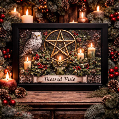 Pagan Pentacle & Owl Canvas Wall Art for Yule - Black Framed Art Print Wiccan Wall Decor-MoonChildWorld