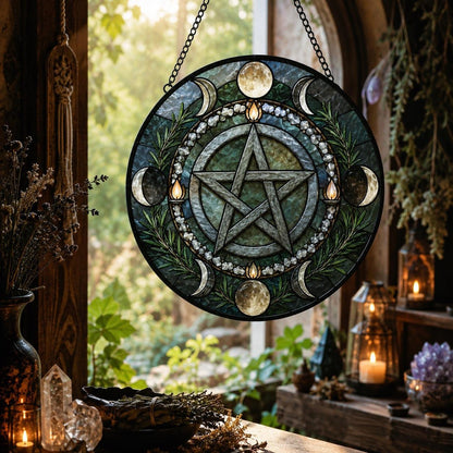 Pagan Pentacle Protection Glass Suncatcher - sunlight glow