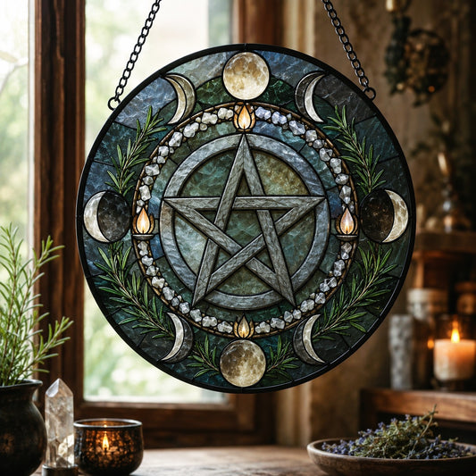 Pagan Pentacle Protection Glass Suncatcher - window display