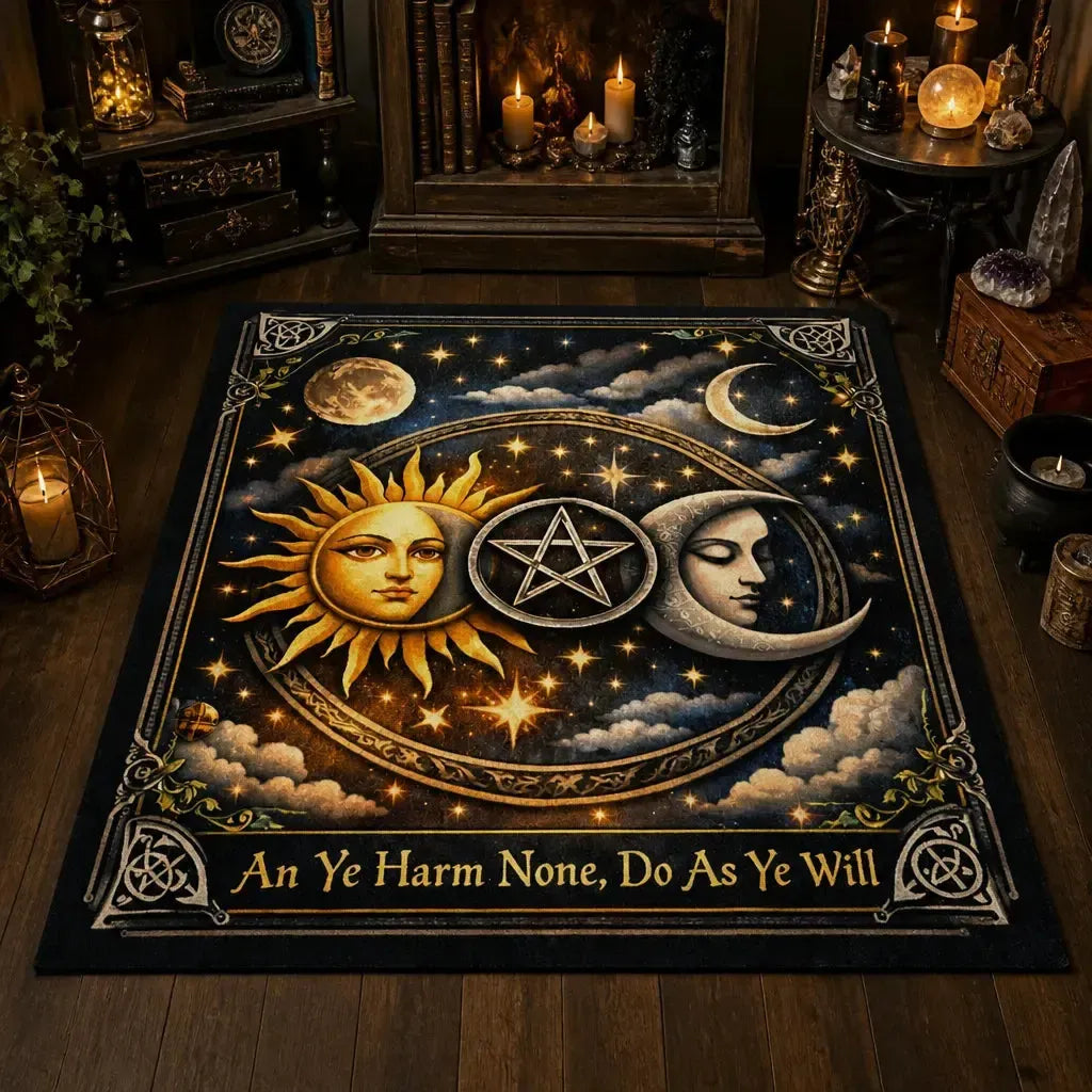 Pagan Pentacle & Sun Moon Goddess Area Rug – Mystical Wicca Carpet for Astrology Decor_mockup_2.webp