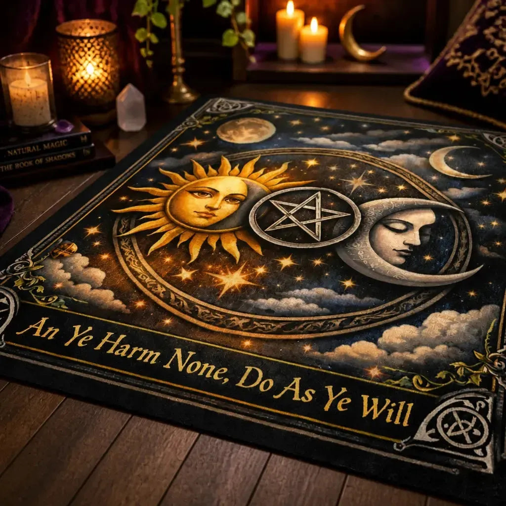 Pagan Pentacle & Sun Moon Goddess Area Rug – Mystical Wicca Carpet for Astrology Decor_mockup_3.webp