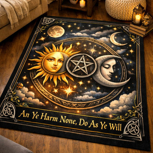 Pagan Pentacle & Sun Moon Goddess Area Rug – Mystical Wicca Carpet for Astrology Decor-MoonChildWorld