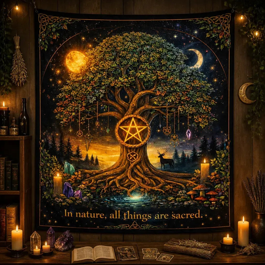 Pagan Pentacle Tree of Life Tapestry with Sun & Moon - Wiccan Altar Wall Hanging_mockup_2.webp