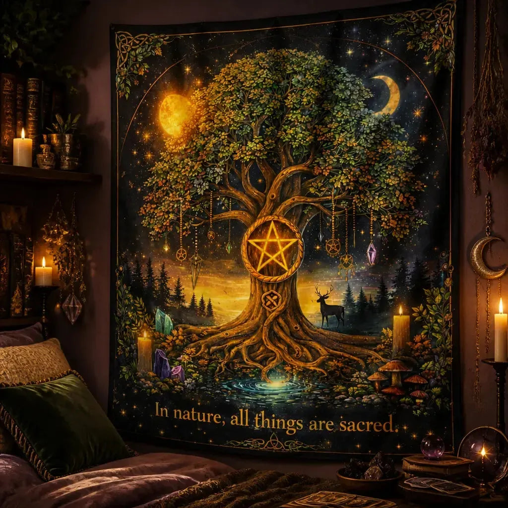 Pagan Pentacle Tree of Life Tapestry with Sun & Moon - Wiccan Altar Wall Hanging_mockup_3.webp