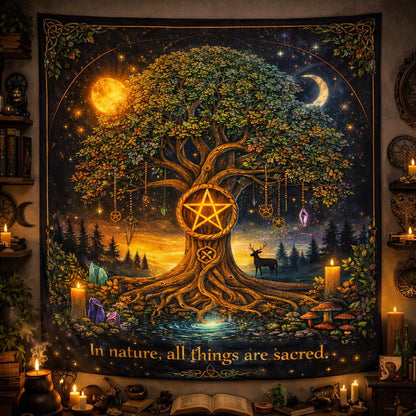Mystical black tapestry with a vibrant Tree of Life, golden pentacle, sun, moon, and forest scene.