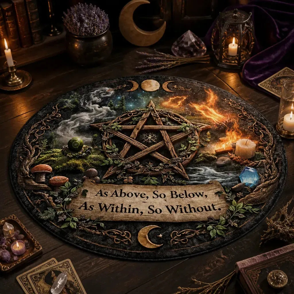 Pagan Pentacle Triple Moon Round Rug As Above So Below Wiccan Carpet_mockup_3.webp