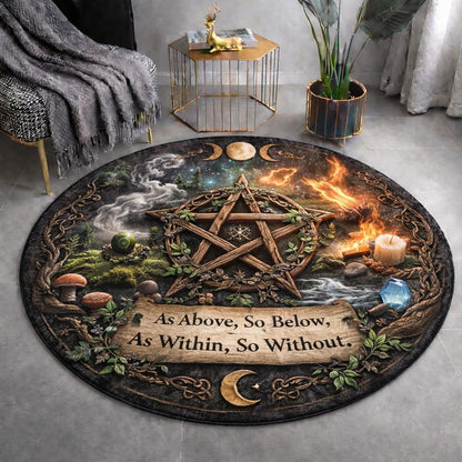 Round black pagan rug with a wooden pentacle, triple moon, fire, and "As Above, So Below" text.