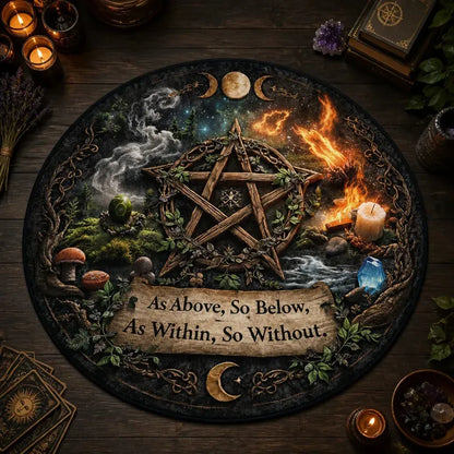 Pagan Pentacle Triple Moon Round Rug As Above So Below Wiccan Carpet_mockup_2.webp