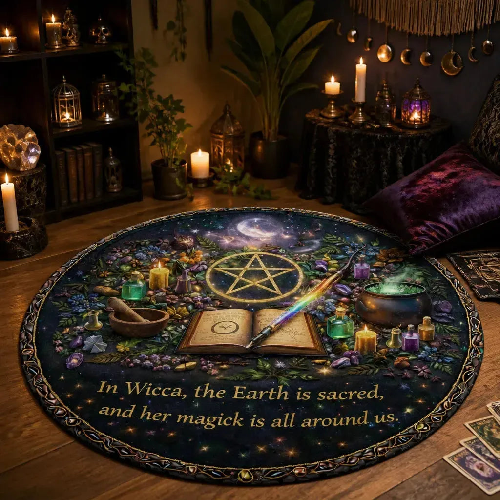 Pagan Pentacle Wicca Round Rug - Witchy Carpet Home Decor_mockup_1.webp