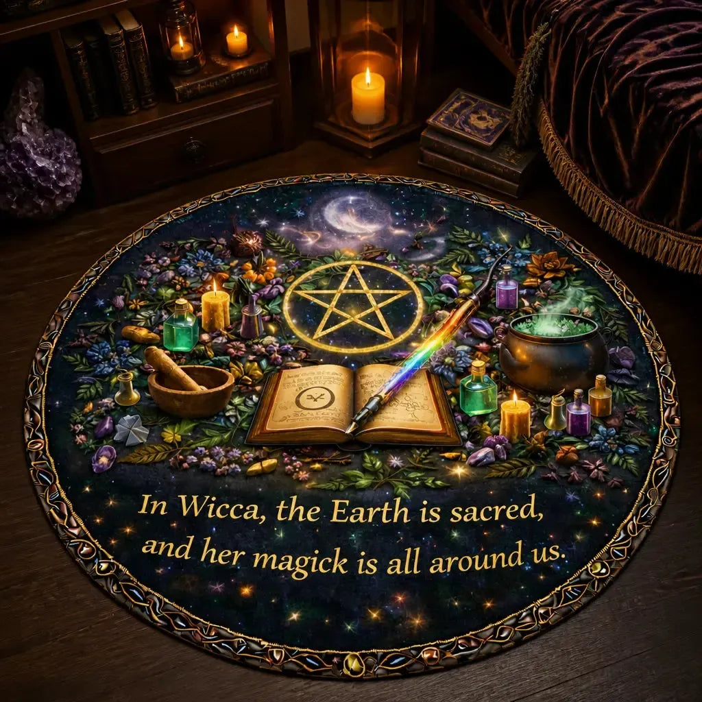 Pagan Pentacle Wicca Round Rug - Witchy Carpet Home Decor_mockup_3.webp