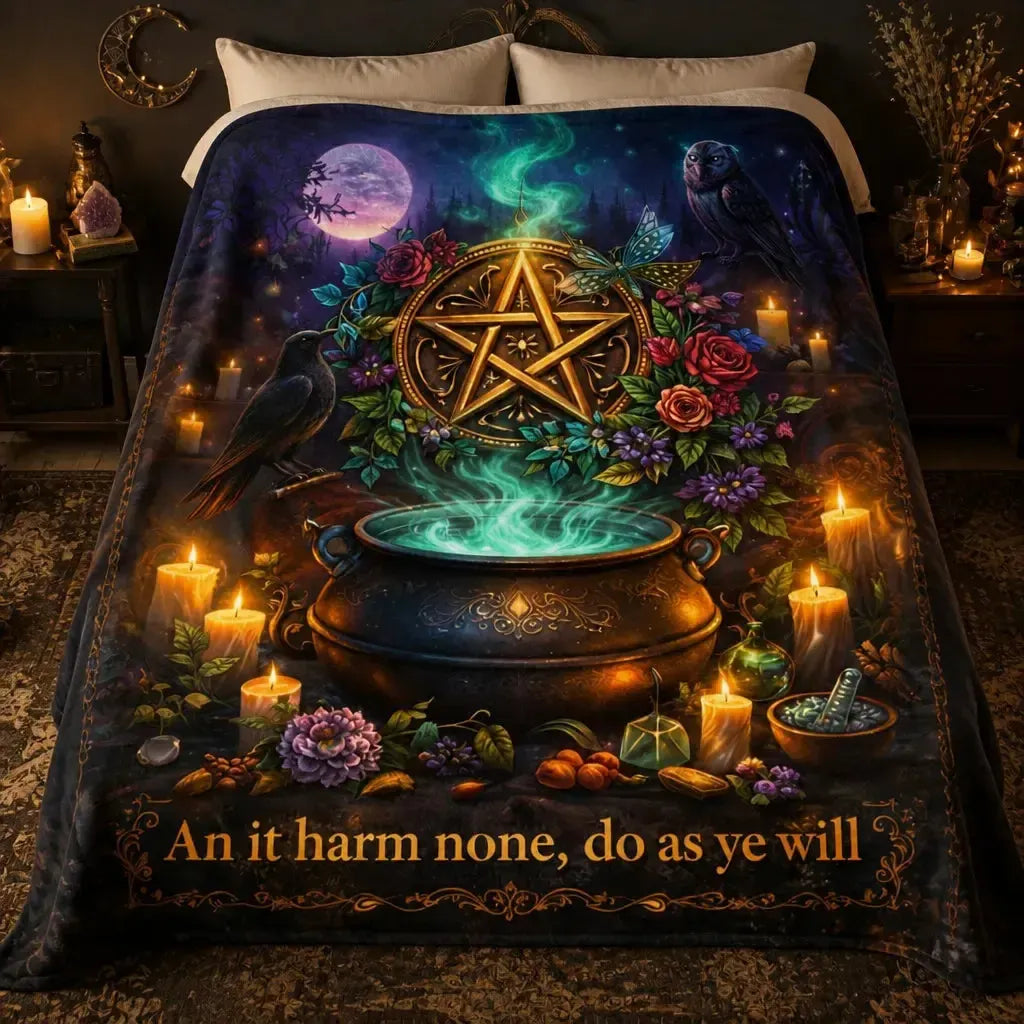 Pagan Pentacle & Witchy Cauldron, Raven, Owl Blanket for Wiccan Home Decor_mockup_2.webp