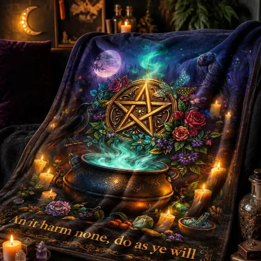 Pagan Pentacle & Witchy Cauldron, Raven, Owl Blanket for Wiccan Home Decor_mockup_3.webp