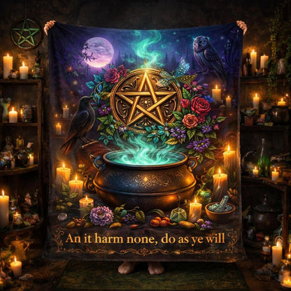 Wiccan blanket with golden pentacle, cauldron, raven, owl, and moon surrounded by candles.