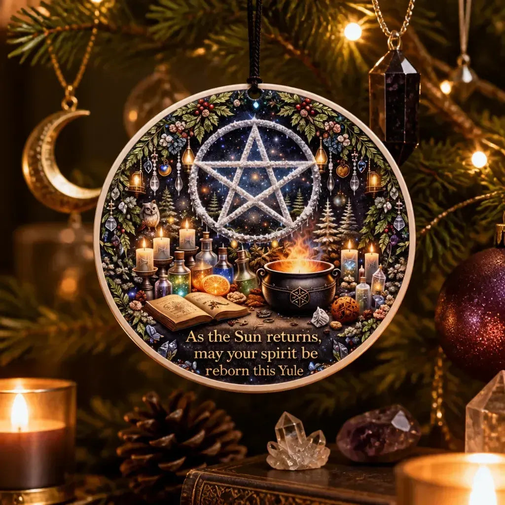 Pagan Pentacle Yule Ceramic Ornament – Witchy Holiday Ornament Wiccan Yule Decor_mockup_1.webp