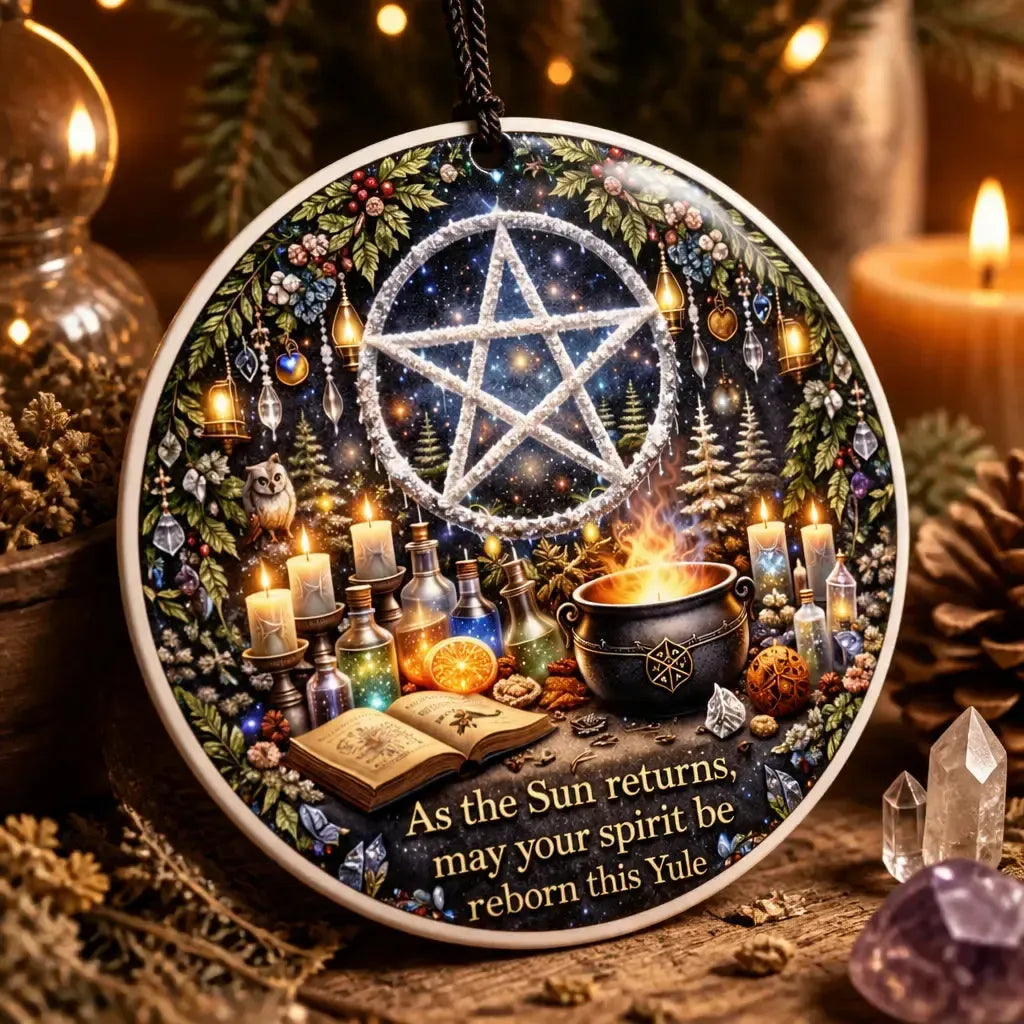 Pagan Pentacle Yule Ceramic Ornament – Witchy Holiday Ornament Wiccan Yule Decor_mockup_2.webp
