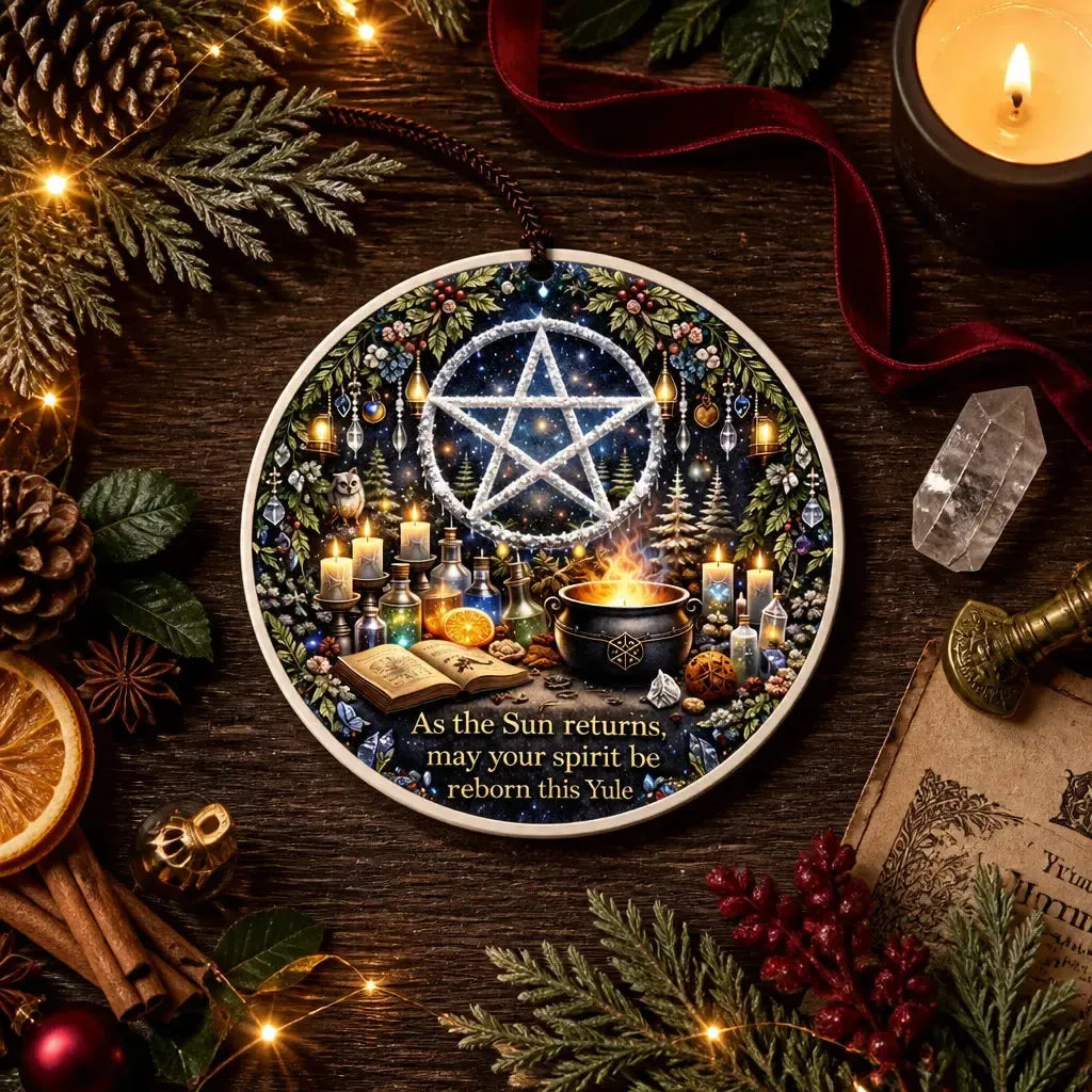 Pagan Pentacle Yule Ceramic Ornament – Witchy Holiday Ornament Wiccan Yule Decor_mockup_3.webp