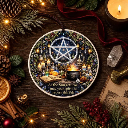 Pagan Pentacle Yule Ceramic Ornament – Witchy Holiday Ornament Wiccan Yule Decor_mockup_3.webp