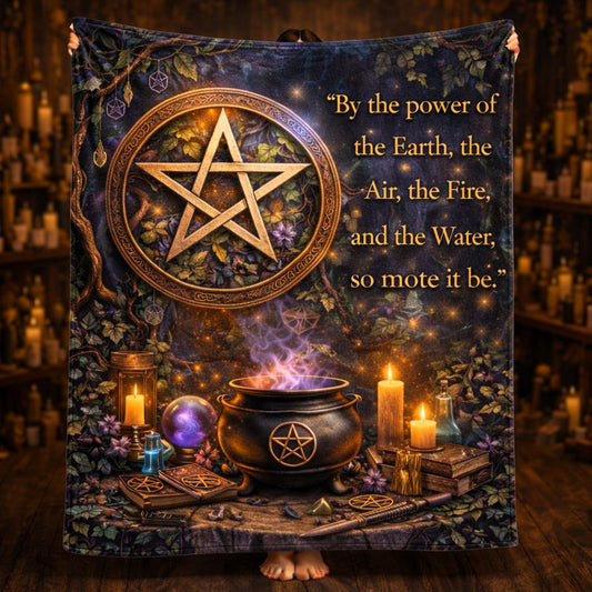 Dark pagan witchcraft blanket with a golden pentacle, cauldron, candles, and "so mote it be" quote.