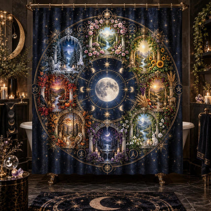 Pagan Shower Curtain - Wheel of the Year Moon Mandala Decor