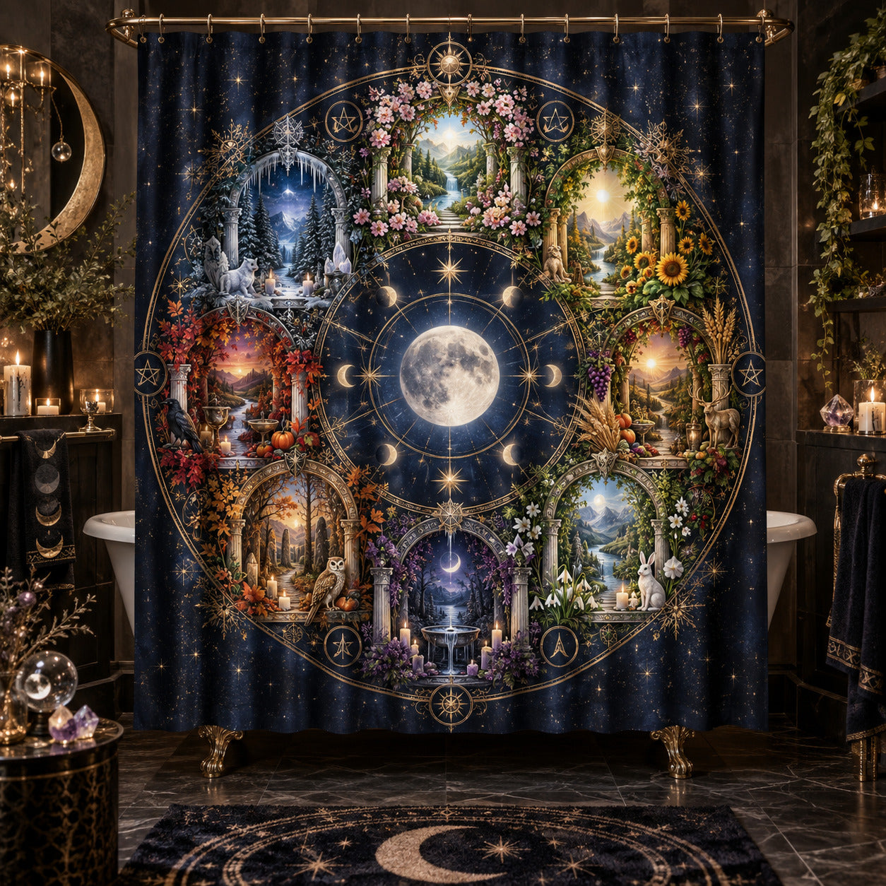 Pagan Shower Curtain - Wheel of the Year Moon Mandala Decor