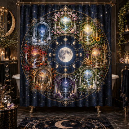 Pagan Shower Curtain - Wheel of the Year Moon Mandala Decor