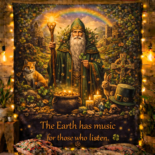 Green Pagan St. Patrick's Day tapestry with a wizard, fox, rabbit, Celtic cross, and rainbow.