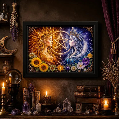 Pagan Sun Moon Celestial Goddess Print with Pentacle - Black Framed Canvas Wall Art for Wiccan Home Decor_mockup_2.webp