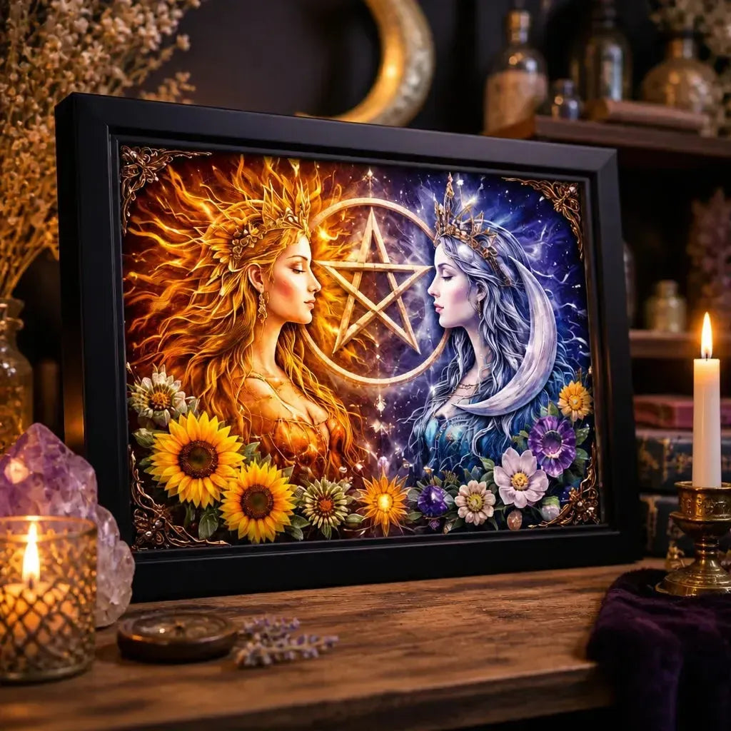 Pagan Sun Moon Celestial Goddess Print with Pentacle - Black Framed Canvas Wall Art for Wiccan Home Decor_mockup_3.webp