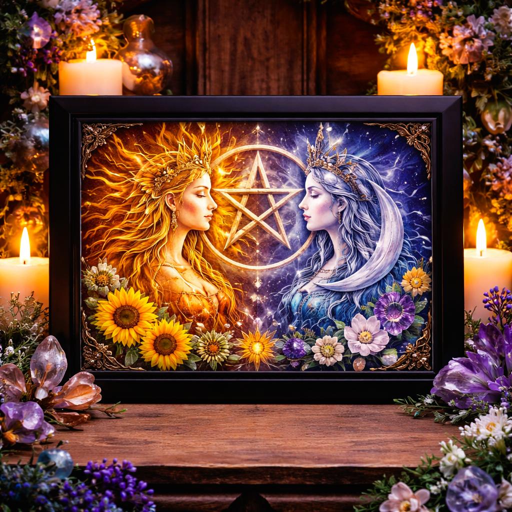 Pagan Sun Moon Celestial Goddess Print with Pentacle - Black Framed Canvas Wall Art for Wiccan Home Decor-MoonChildWorld