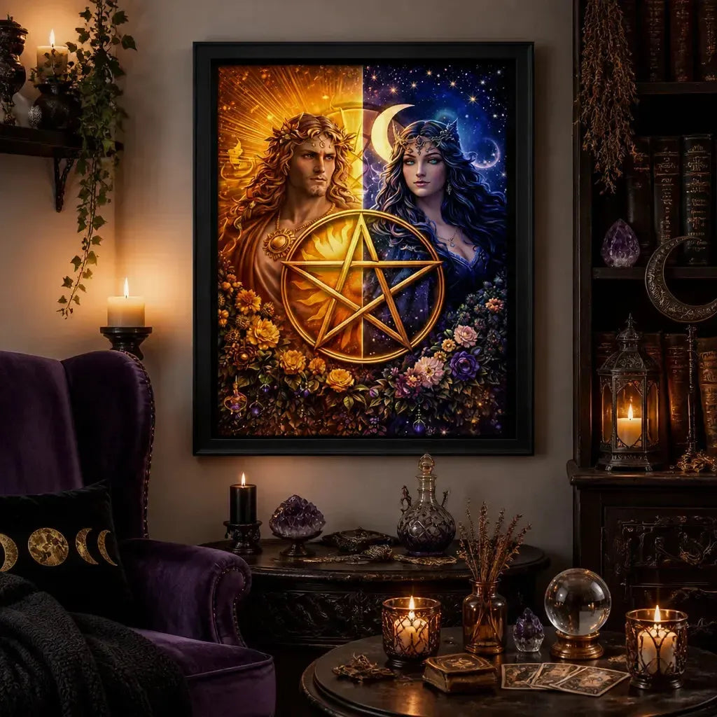 Pagan Sun Moon Goddess Print with Pentacle - Black Framed Canvas Wall Art for Wiccan Home Decor_mockup_1.webp