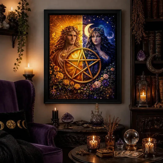 Pagan Sun Moon Goddess Print with Pentacle - Black Framed Canvas Wall Art for Wiccan Home Decor_mockup_1.webp