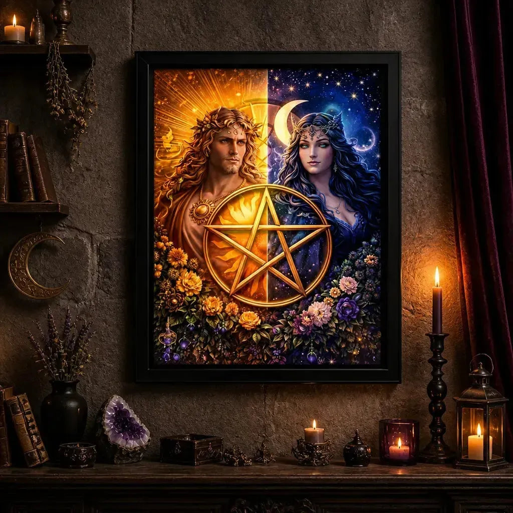 Pagan Sun Moon Goddess Print with Pentacle - Black Framed Canvas Wall Art for Wiccan Home Decor_mockup_2.webp
