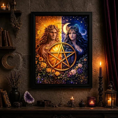 Pagan Sun Moon Goddess Print with Pentacle - Black Framed Canvas Wall Art for Wiccan Home Decor_mockup_2.webp