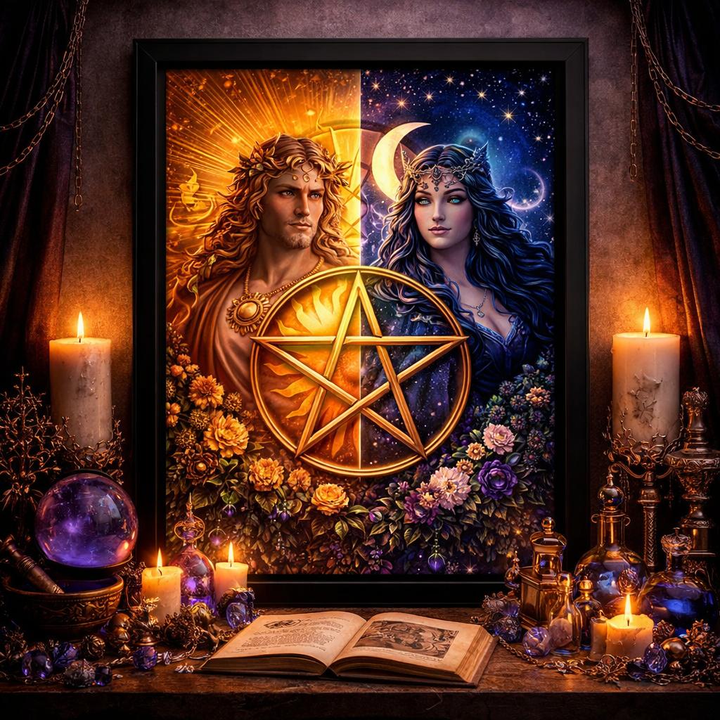 Pagan Sun Moon Goddess Print with Pentacle - Black Framed Canvas Wall Art for Wiccan Home Decor-MoonChildWorld