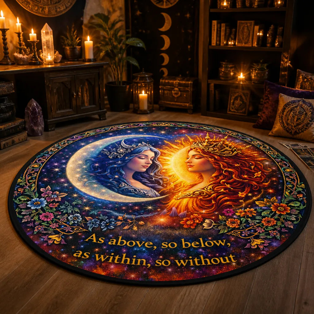Pagan Sun and Moon Goddess Round Rug Celestial Sun Moon Carpet Wiccan Home Decor_mockup_1.webp