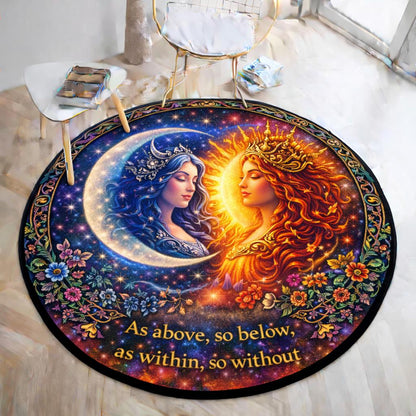Round Pagan Sun and Moon Goddess rug with celestial design, floral border, and "As above, so below" text.