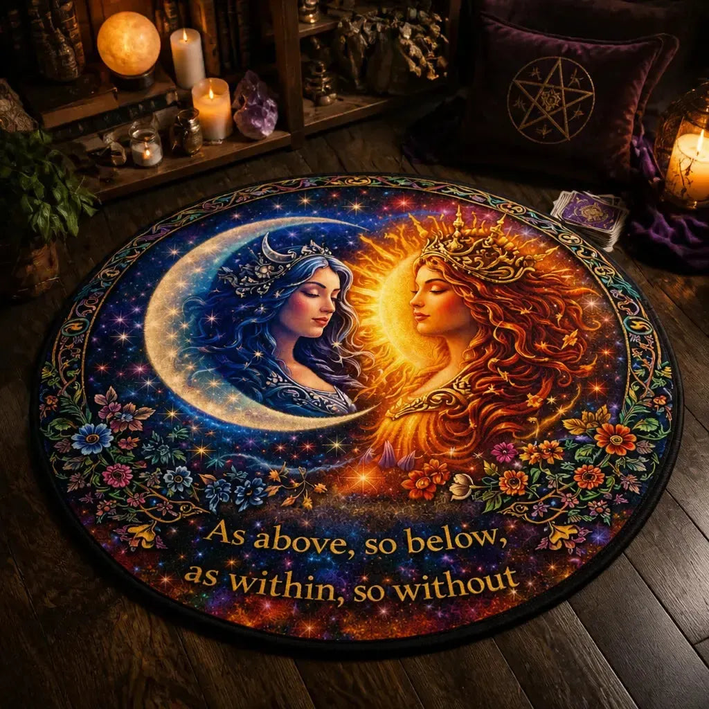 Pagan Sun and Moon Goddess Round Rug Celestial Sun Moon Carpet Wiccan Home Decor_mockup_3.webp