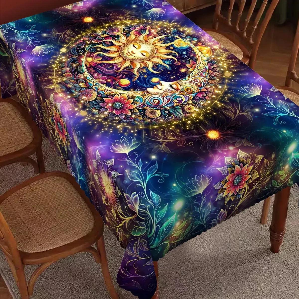 Pagan Sun and Moon Wicca Tablecloth Celestial Bohemian Table Cloth-MoonChildWorld