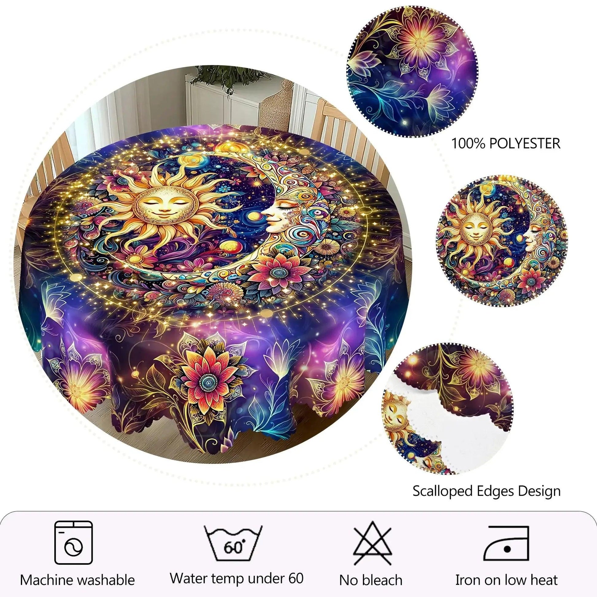 Pagan Sun and Moon Wicca Tablecloth Celestial Bohemian Table Cloth-MoonChildWorld
