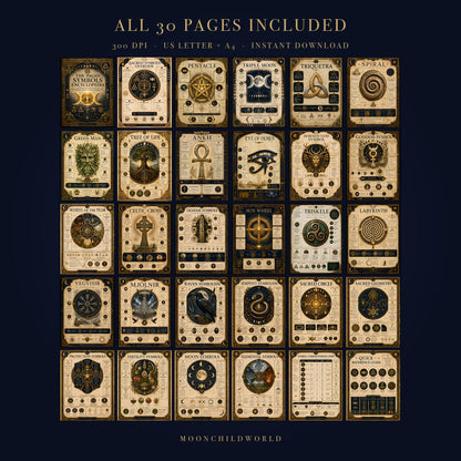 Grid of 30 printable grimoire pages featuring gold and black sacred symbols on aged parchment-style backgrounds.