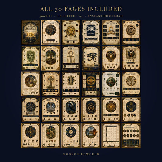 Grid of 30 printable grimoire pages featuring gold and black sacred symbols on aged parchment-style backgrounds.